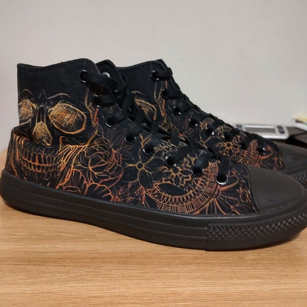 RAAD Men's Skate Shoes Size 10.5 High Top Blk Orange Red Yellow Skeleton Graphic